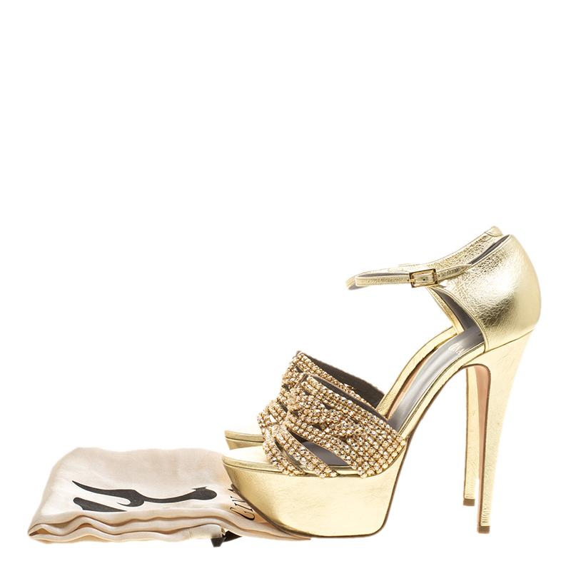 Gina Metallic Gold Leather Sheridan Crystal Embellished Platform Ankle Strap San 3