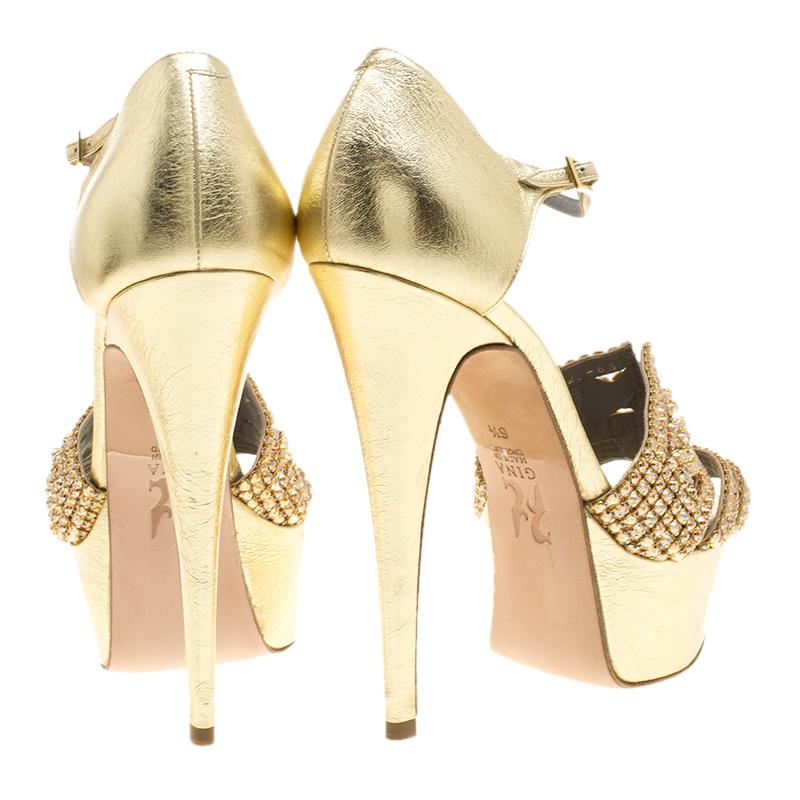 Gina Metallic Gold Leather Sheridan Crystal Embellished Platform Ankle Strap San In New Condition In Dubai, Al Qouz 2