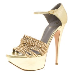 Gina Metallic Gold Leather Sheridan Crystal Embellished Platform Ankle Strap San