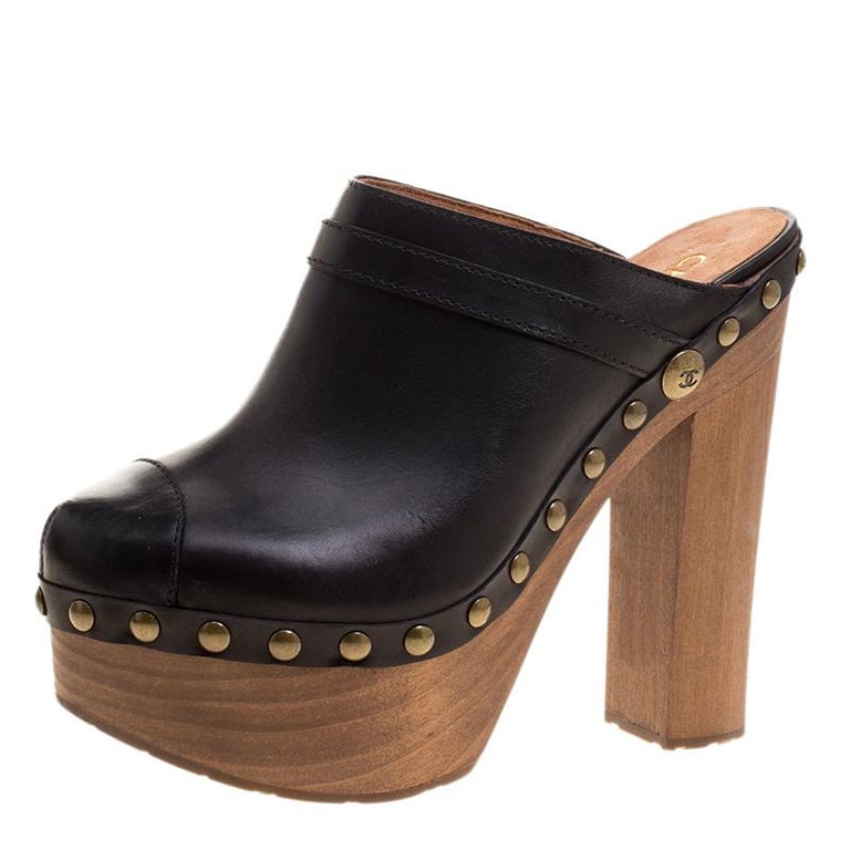 Chanel Black Leather Platform Wooden Clogs Size 40
