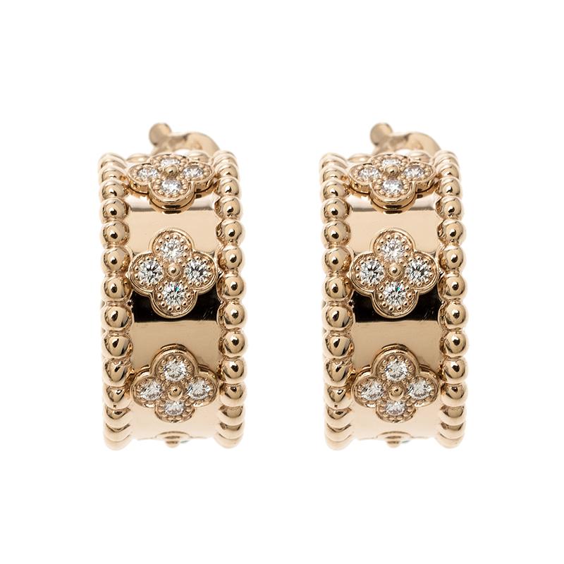 Perlée clovers hoop earrings 18K rose gold, Diamond - Van Cleef