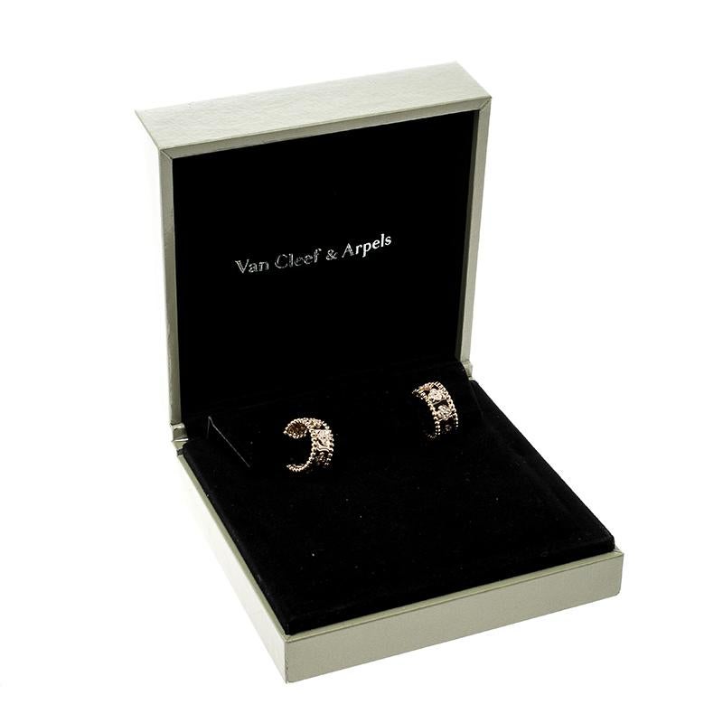 Van Cleef & Arpels Perlée Clover Diamond & 18k Rose Gold Hoop Earrings In Good Condition In Dubai, Al Qouz 2