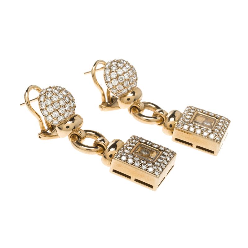 Contemporary Chopard Vintage Happy Diamond 18k Yellow Gold Drop Earrings