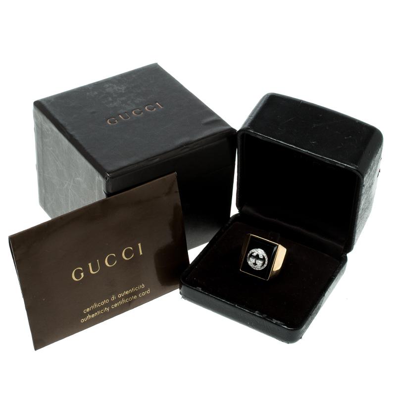 Gucci Icon Boule Onyx & Diamond 18k Yellow Gold Ring Size 58 2