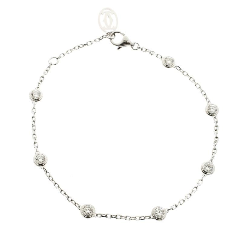 The Diamants Legers collection of Cartier is all about bringing feminine elegance into light by deploying exceptional diamonds into minimalist designs. This bracelet rendered in 18K white gold exhibits just that. It consists of a simple chain design