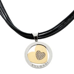 Bvlgari Tondo Heart Diamond 18k Yellow Gold Stainless Steel Pendant Cord Necklac