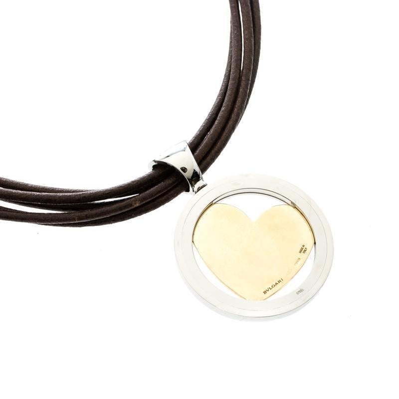 Women's Bvlgari Tondo Heart Diamond 18k Yellow Gold Stainless Steel Pendant Cord Necklac