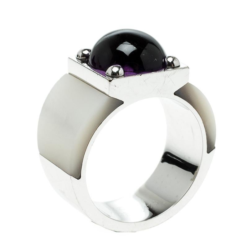 Women's Van Cleef & Arpels Babylone Amethyst Mother of Pearl 18k White Gold Cocktail Rin