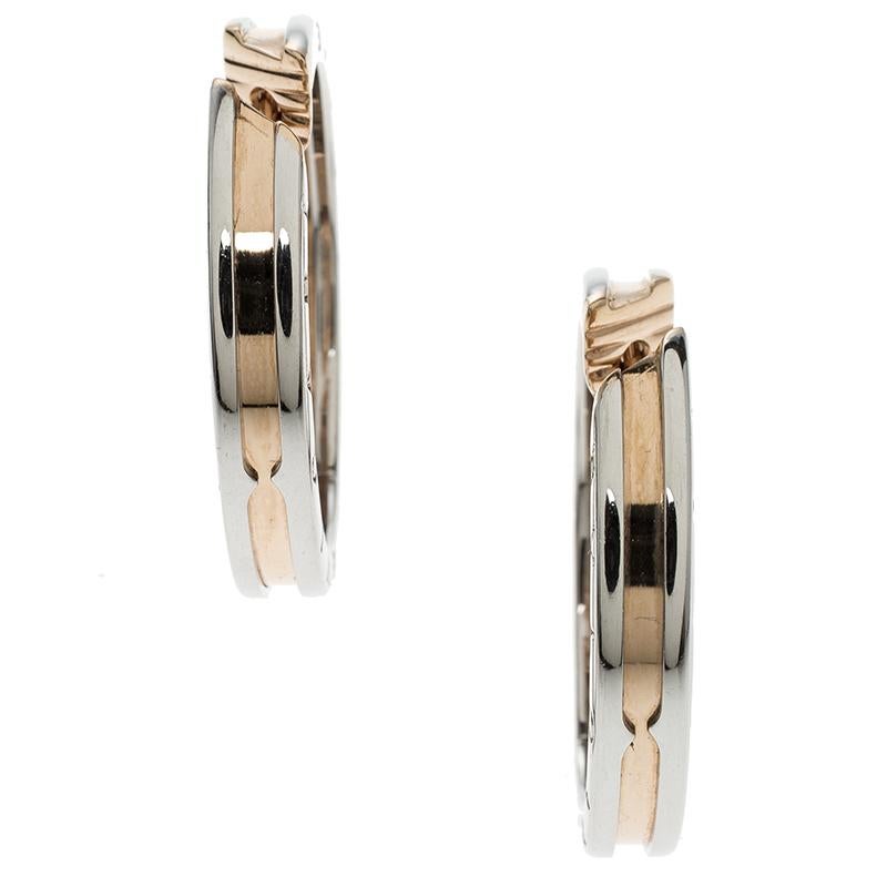 Bvlgari B.Zero1 18k Rose Gold & Stainless Steel Hoop Earrings In Good Condition In Dubai, Al Qouz 2