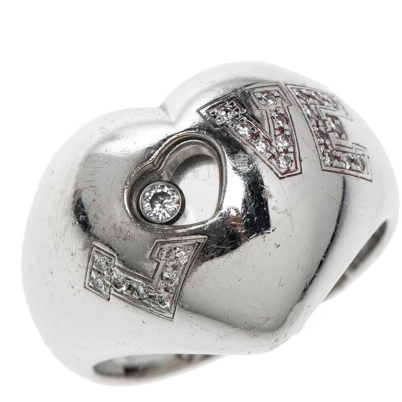 Women's Chopard Happy Love Heart Diamond 18k White Gold Dome Ring Size 57