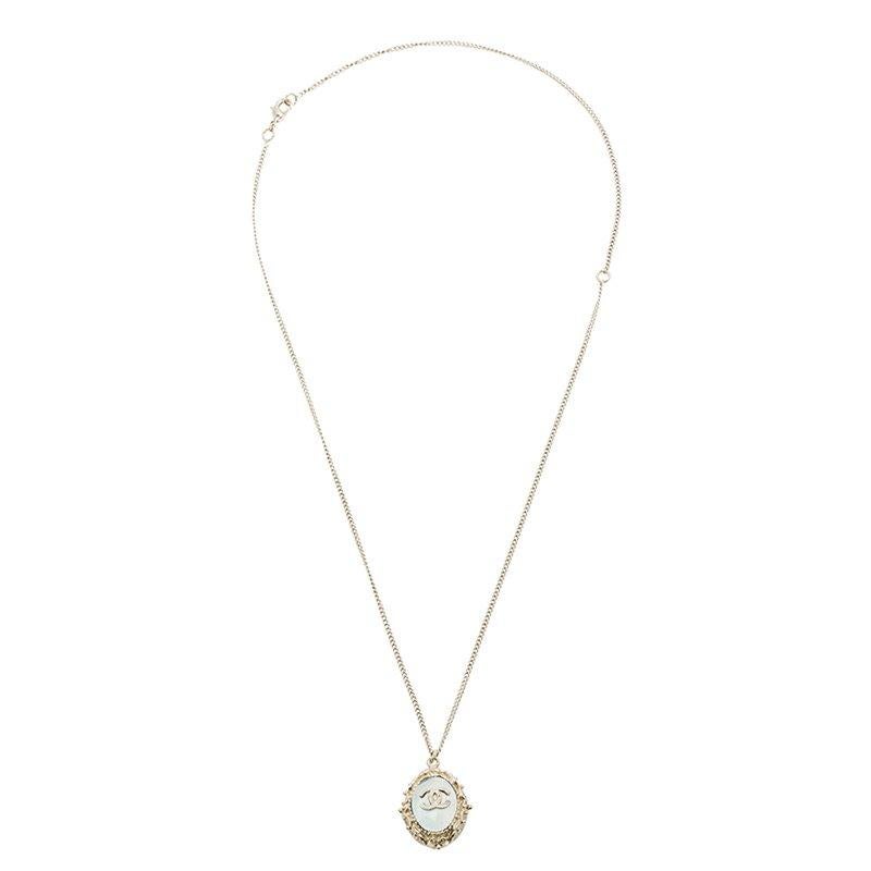 Chanel CC Blue Resin Cabochon Pendant Gold Tone Necklace