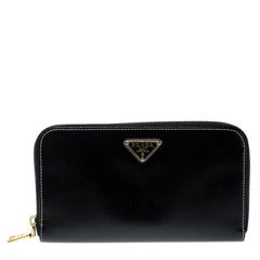 Prada Black Saffiano Vernic Leather Zip Around Wallet