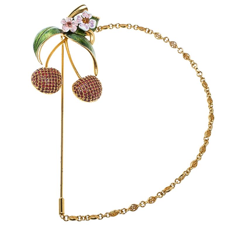 Dolce and Gabbana Cherry Crystal Gold Tone Pin Brooch