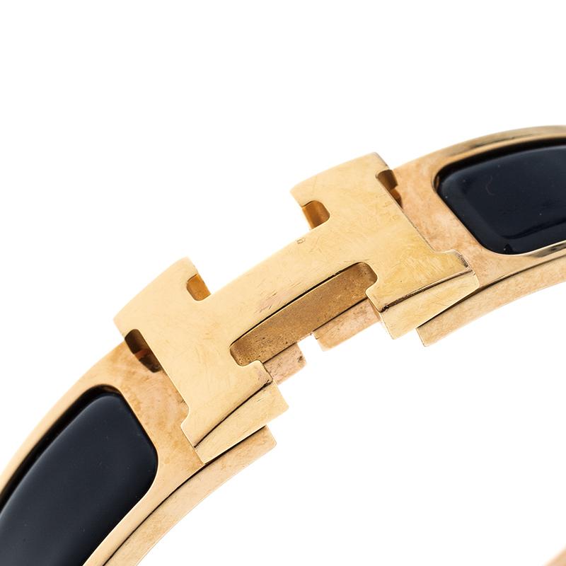 Hermes Clic Clac H Bleu Biarritz Enamel Rose Gold Plated Bracelet PM In Good Condition In Dubai, Al Qouz 2