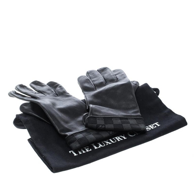 Louis Vuitton Black Leather Damier Graphite Print Gloves L