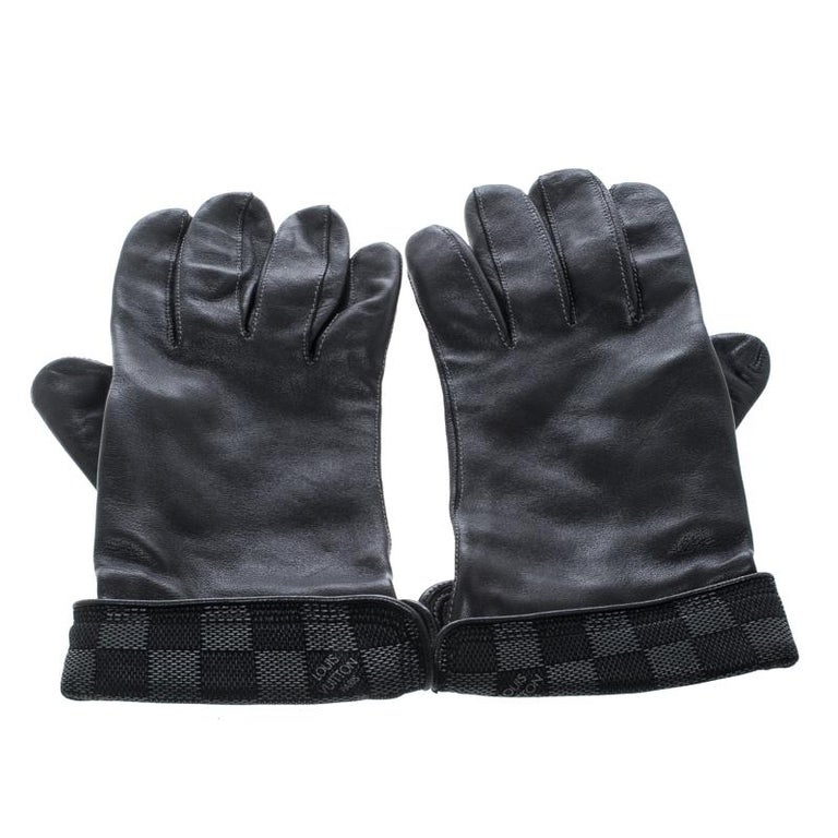 Louis Vuitton Black Leather Damier Graphite Print Gloves L