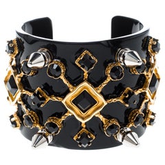 Dolce and Gabbana Black Crystal Embellished Spike Two Tone Open Cuff Bracelet