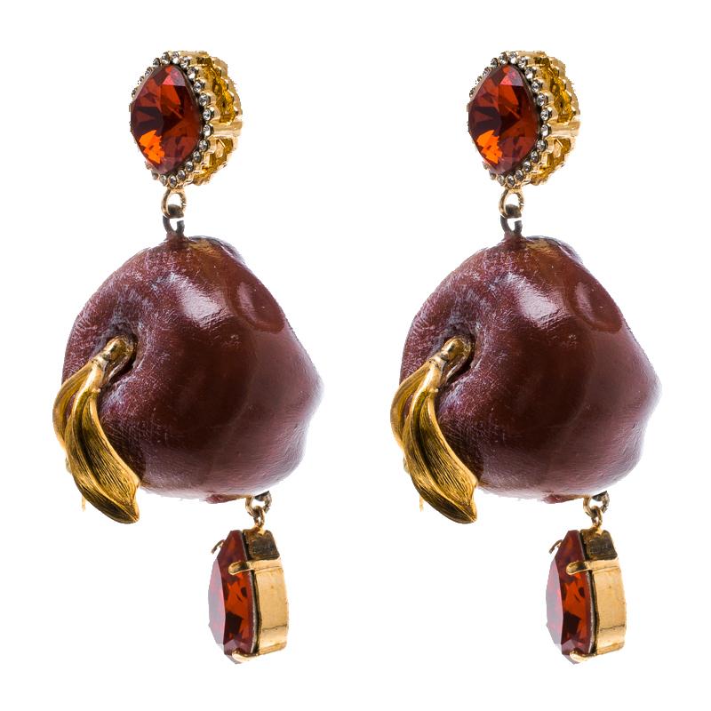 Women's Dolce and Gabbana Red Crystal & Apple Drop Clip-on Earrings