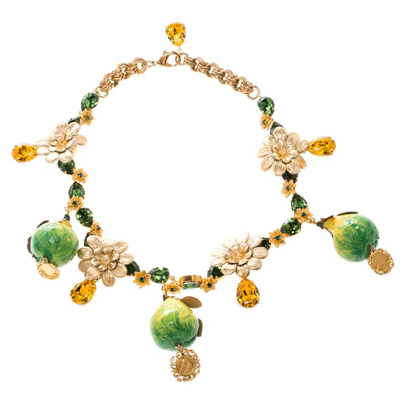 Dolce and Gabbana Fig Fruit Crystal Gold Tone Charm Statement Necklace 2