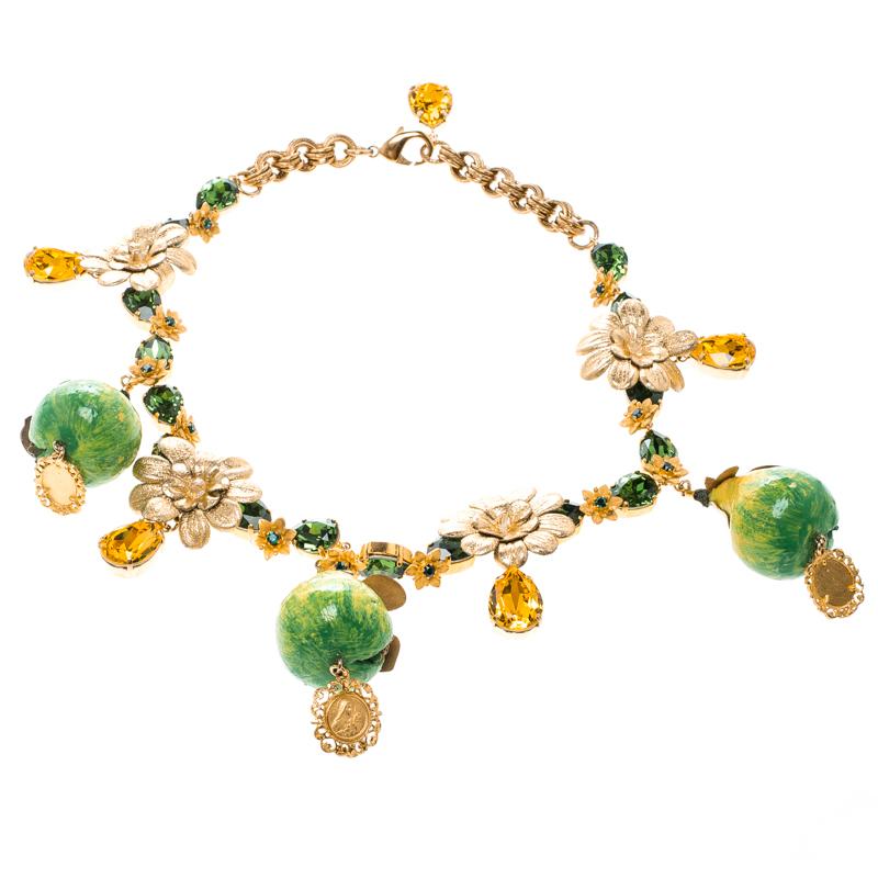 Dolce and Gabbana Fig Fruit Crystal Gold Tone Charm Statement Necklace