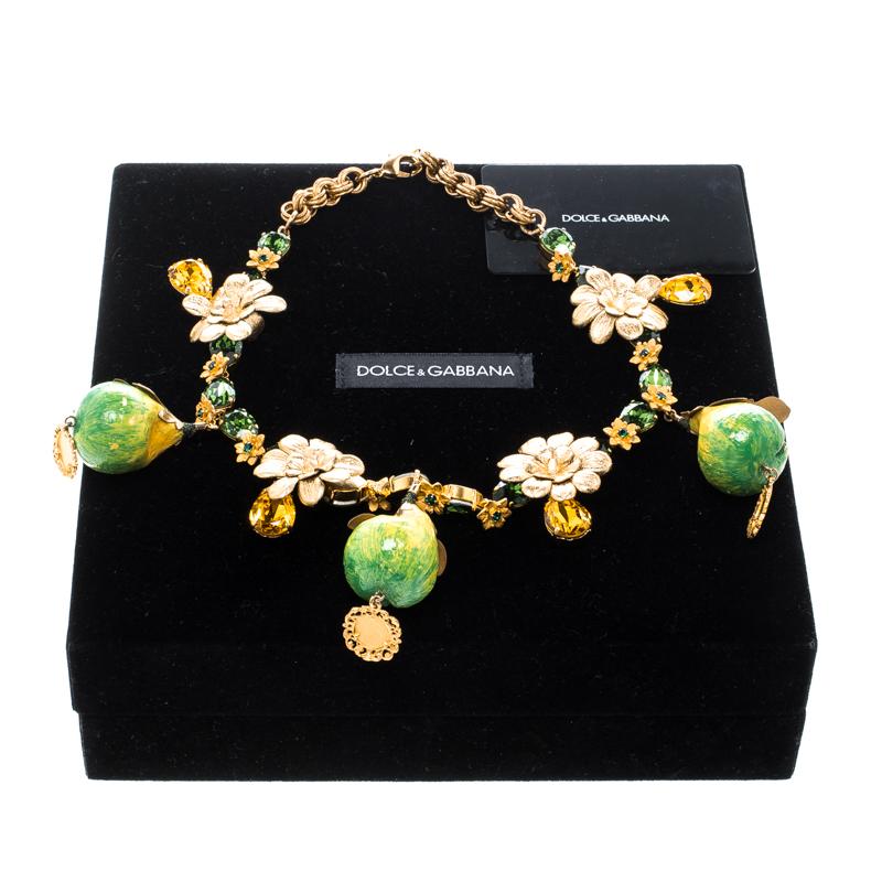 Dolce and Gabbana Fig Fruit Crystal Gold Tone Charm Statement Necklace 1
