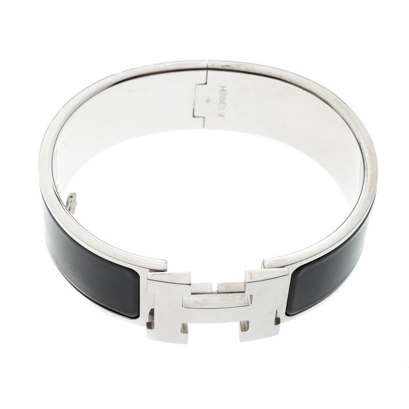 Hermes Clic Clac H Black Enamel Palladium Plated Wide Bracelet GM In Good Condition In Dubai, Al Qouz 2