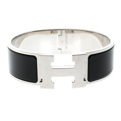 Hermes Clic Clac H Black Enamel Palladium Plated Wide Bracelet GM