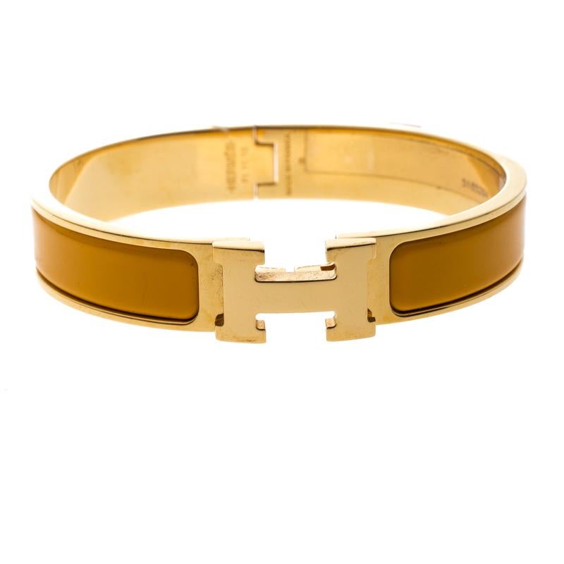 Hermes Clic Clac H Yellow Jaune Madras Enamel Gold Plated Narrow Bracelet PM