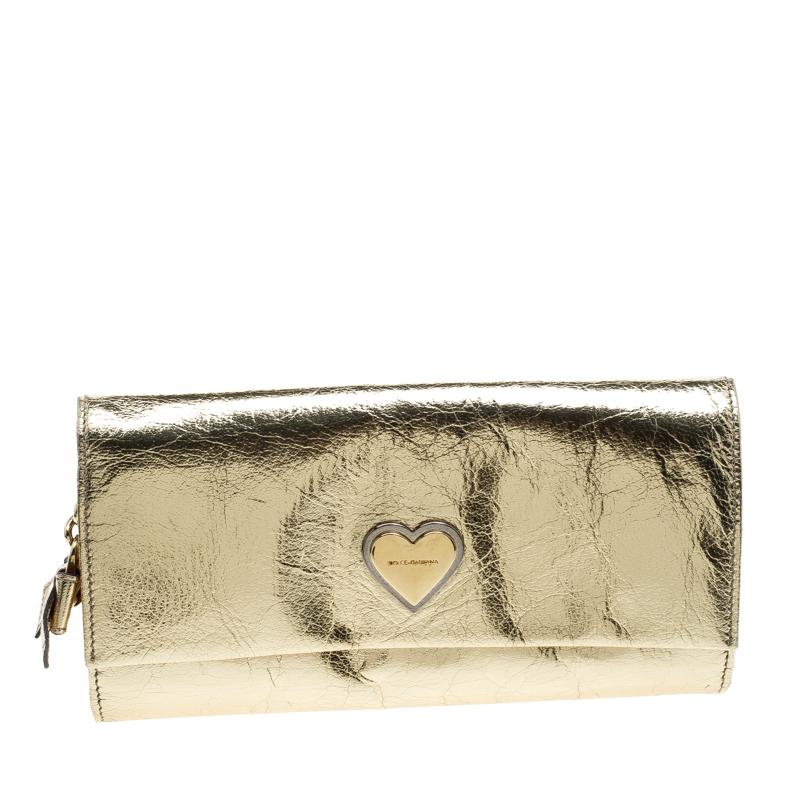 Dolce and Gabbana Gold Mirror Leather Heart Continental Wallet