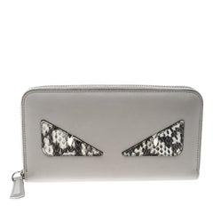 Fendi Grey Leather Monster Zip Around Wallet