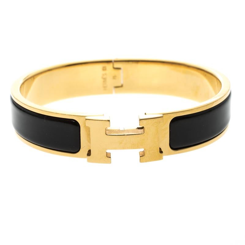 Hermes Clic Clac H Black Enamel Gold Plated Narrow Bracelet PM