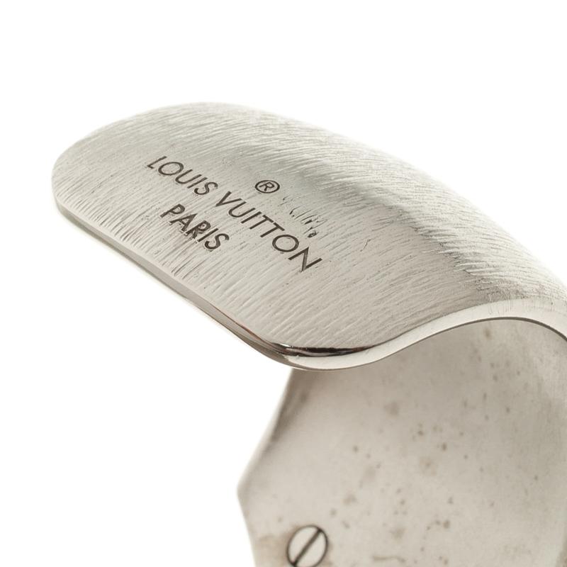 Women's Louis Vuitton Essential V Colorama Textured Silver Tone Open Cuff Bracelet