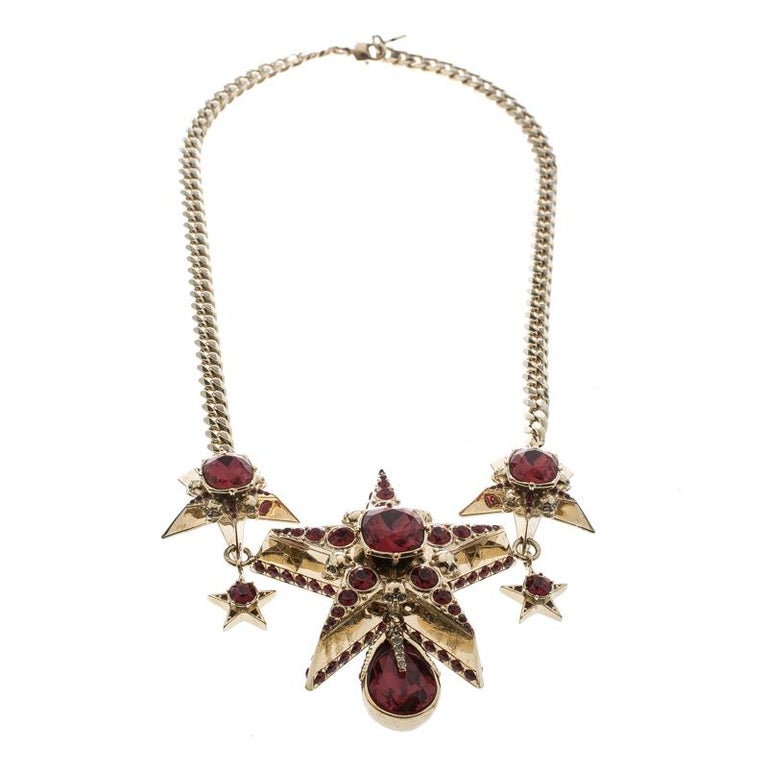 Alexander McQueen Jewelled Star Skull Red Crystal Gold Tone Necklace at ...