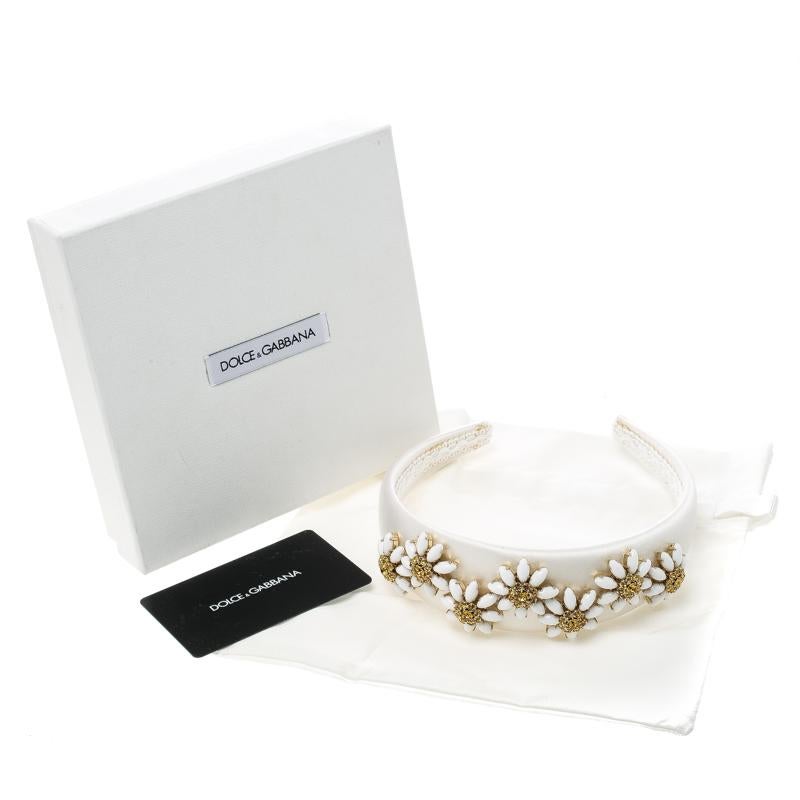 Women's Dolce and Gabbana Daisy Flower Embellished White Satin Headband