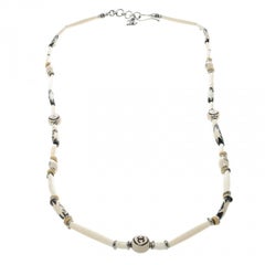 Chanel CC Cream Beaded Silver Tone Long Necklace