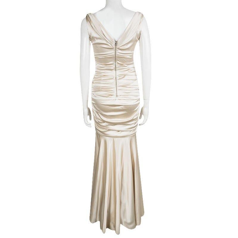 Dolce & Gabbana Beige Satin Ruched Sleeveless Gown M In Good Condition In Dubai, Al Qouz 2