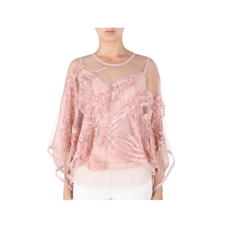 Beige Elie Saab Pink Semi-Sheer Embroidered Top S