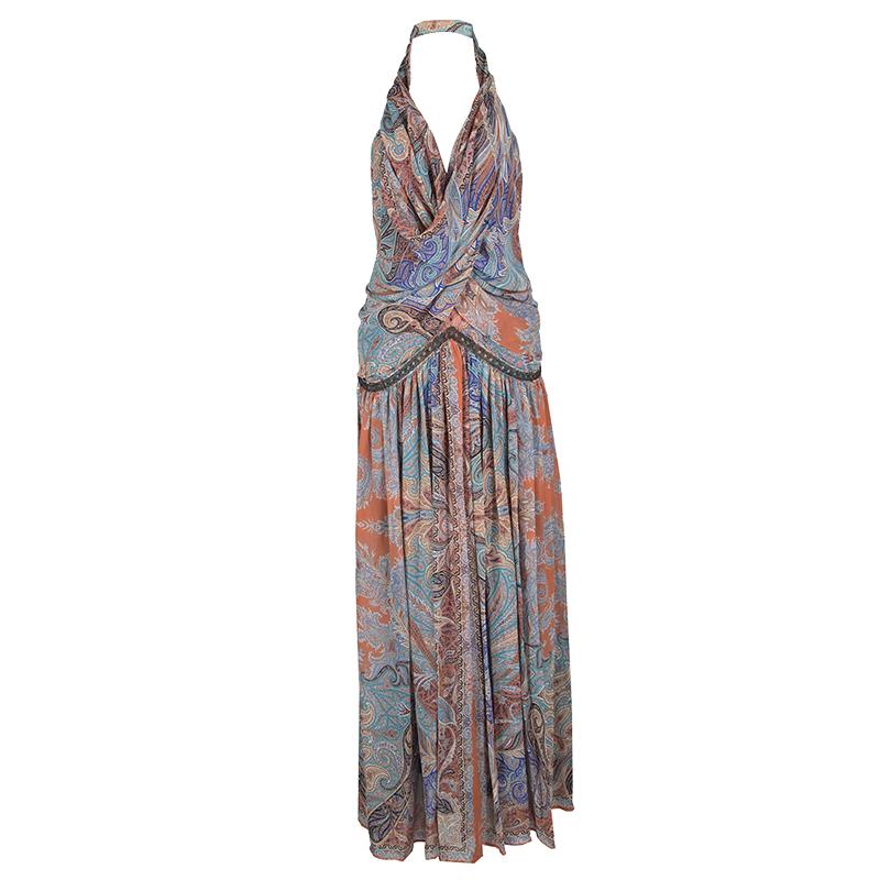 Etro Multicolor Printed Silk Draped Embellished Waist Maxi Dress S