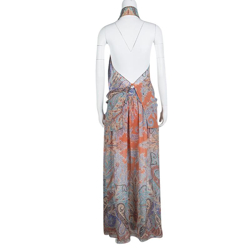 Women's Etro Multicolor Printed Silk Draped Embellished Waist Maxi Dress S