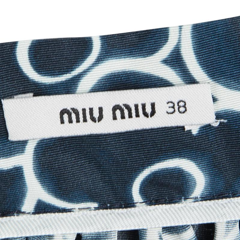 Miu Miu Blue Floral Printed Silk Gathered High Waist Midi Skirt S In Good Condition In Dubai, Al Qouz 2
