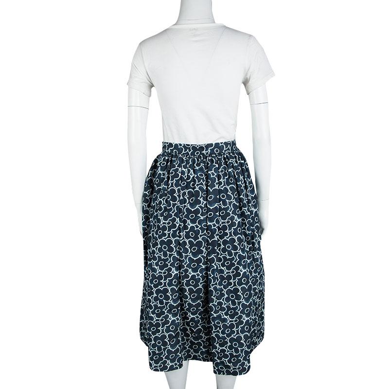Black Miu Miu Blue Floral Printed Silk Gathered High Waist Midi Skirt S
