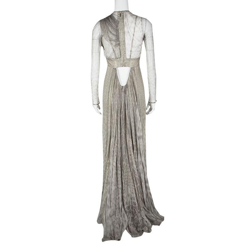 Gray Roberto Cavalli Grey Animal Printed Silk and Tulle Draped Long Sleeve Gown M