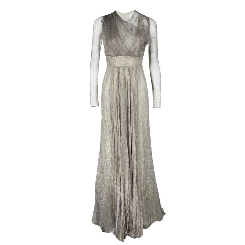 Roberto Cavalli Grey Animal Printed Silk and Tulle Draped Long Sleeve Gown M