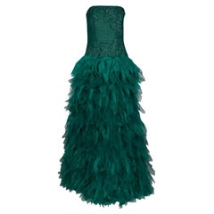 Used Tadashi Shoji Green Tulle Embroidered Faux Feather Strapless Gown M