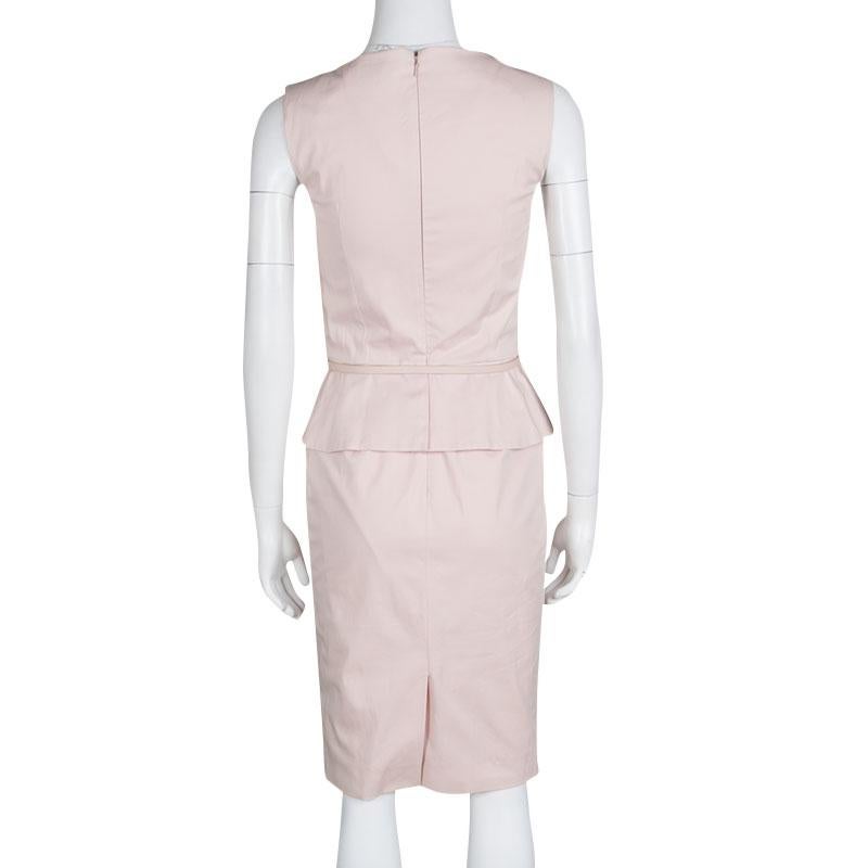 Beige Dior Blush Pink Stretch Cotton Sleeveless Belted Peplum Dress S