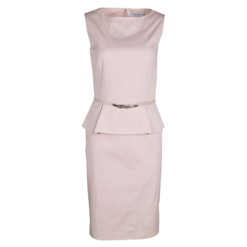 Dior Blush Pink Stretch Cotton Sleeveless Belted Peplum Dress S