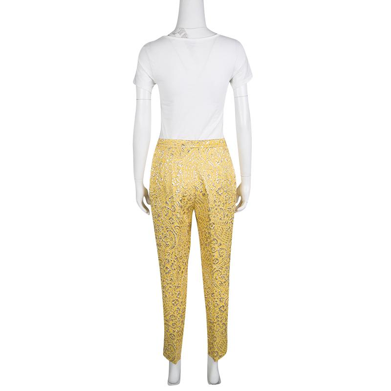 Beige Dolce and Gabbana Yellow Lurex Floral Jacquard Cropped Pants M