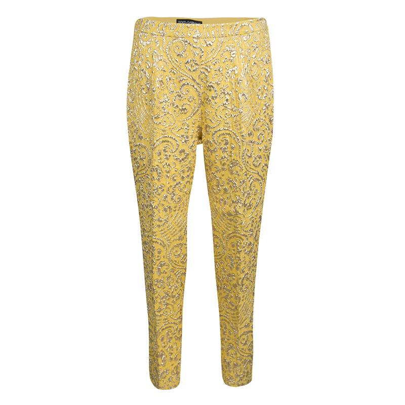 Dolce and Gabbana Yellow Lurex Floral Jacquard Cropped Pants M
