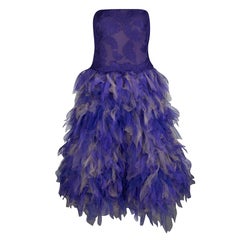 Used Tadashi Shoji Purple and Begie Tulle Embroidered Faux Feather Strapless Dress M
