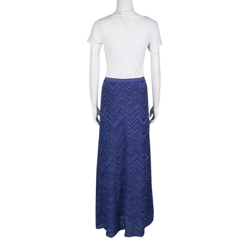 M Missoni Navy Blue Lurex Knit Chevron Pattern Maxi Skirt M In Good Condition In Dubai, Al Qouz 2